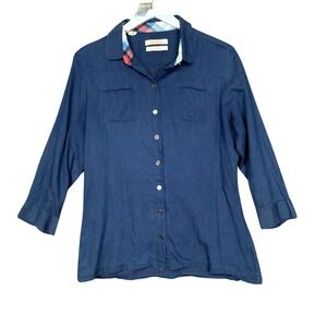 Barbour Shirt Womens 10 Blue‎ Button Down Long Sleeve Slim Fit Casual Preppy